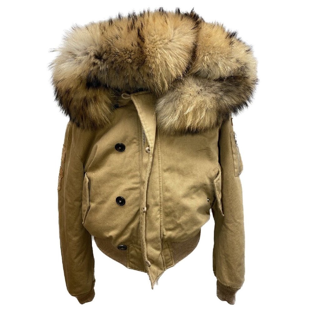 100% Authentic AMIRI Khaki Hooded Fur Bomber Jacket Size 46EU 36UK